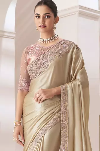 cream embellished sequinned pure chiffon saree