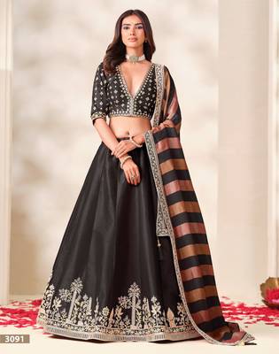 Black Art Silk Semi Stitched Lehenga Choli with Embroidery Work 1