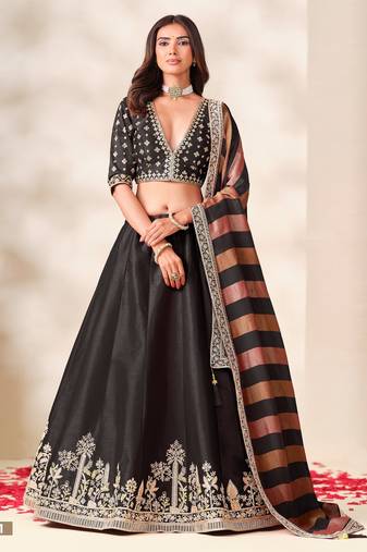 Black Art Silk Semi Stitched Lehenga Choli with Embroidery Work