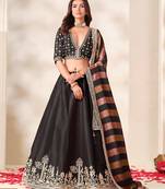 Black Art Silk Semi Stitched Lehenga Choli with Embroidery Work