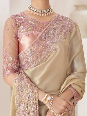 cream embellished sequinned pure chiffon saree 5