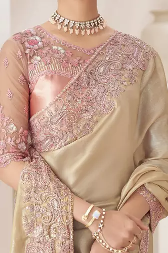 cream embellished sequinned pure chiffon saree