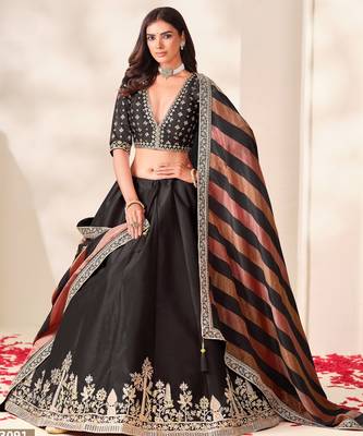 Black Art Silk Semi Stitched Lehenga Choli with Embroidery Work 2