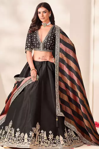 Black Art Silk Semi Stitched Lehenga Choli with Embroidery Work