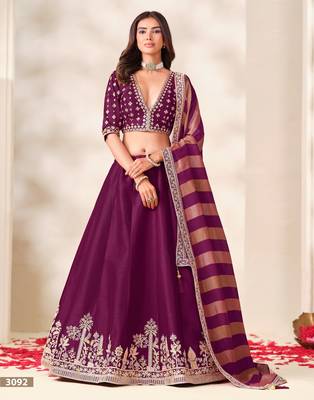 Wine Art Silk Semi Stitched Lehenga Choli with Embroidery Work 1