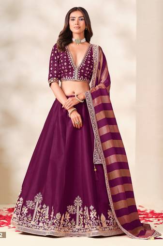 Wine Art Silk Semi Stitched Lehenga Choli with Embroidery Work