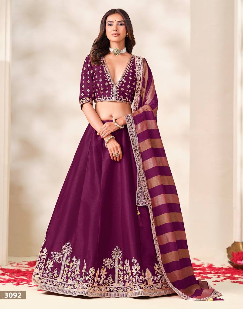 Wine Art Silk Semi Stitched Lehenga Choli with Embroidery Work