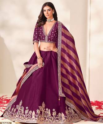 Wine Art Silk Semi Stitched Lehenga Choli with Embroidery Work 2