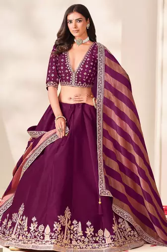 Wine Art Silk Semi Stitched Lehenga Choli with Embroidery Work