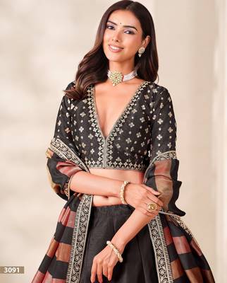 Black Art Silk Semi Stitched Lehenga Choli with Embroidery Work 3