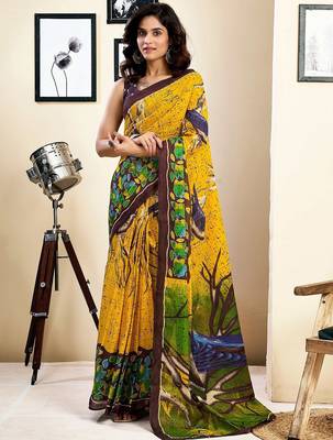 yellow ethnic motifs pure cotton ready to wear saree 2