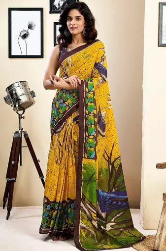 yellow ethnic motifs pure cotton ready to wear saree