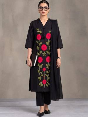 women floral embroidered regular thread work cotton kurta with trousers & with dupatta 1