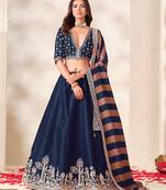 Navy Art Silk Semi Stitched Lehenga Choli with Embroidery Work