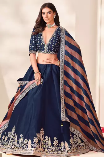 Navy Art Silk Semi Stitched Lehenga Choli with Embroidery Work