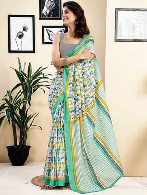 white printed pure cotton ready to wear saree 1