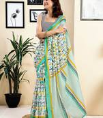 white printed pure cotton ready to wear saree