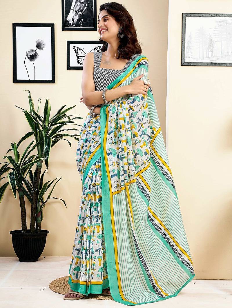 white printed pure cotton ready to wear saree