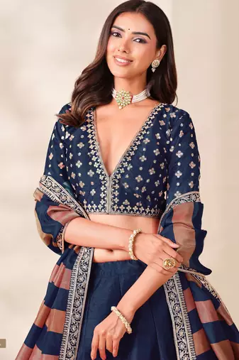 Navy Art Silk Semi Stitched Lehenga Choli with Embroidery Work