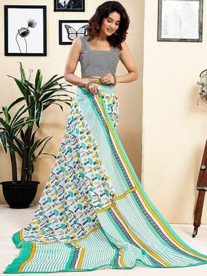 white printed pure cotton ready to wear saree 2