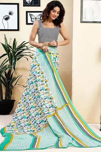 white printed pure cotton ready to wear saree