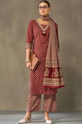 women ethnic motifs printed regular cotton kurta with palazzos & with dupatta