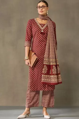 women ethnic motifs printed regular cotton kurta with palazzos & with dupatta