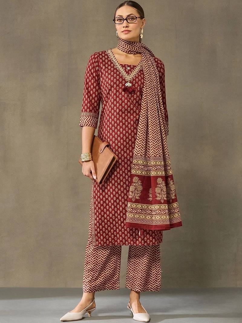 women ethnic motifs printed regular cotton kurta with palazzos & with dupatta