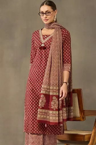 women ethnic motifs printed regular cotton kurta with palazzos & with dupatta