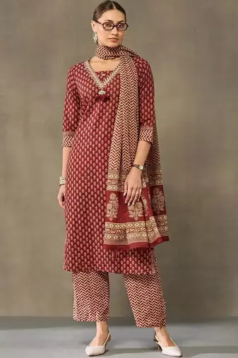 women ethnic motifs printed regular cotton kurta with palazzos & with dupatta
