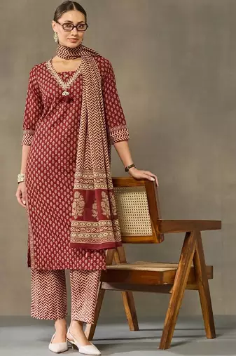 women ethnic motifs printed regular cotton kurta with palazzos & with dupatta