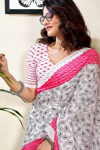 white pure cotton ready to wear saree