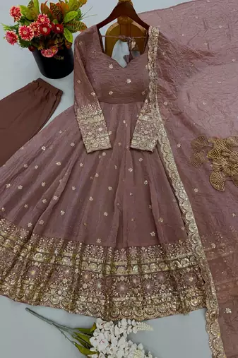 Women's heavy embroidered anarkali kurta pant set with dupatta