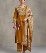 women embroidered empire thread work cotton kurta with trousers & dupatta