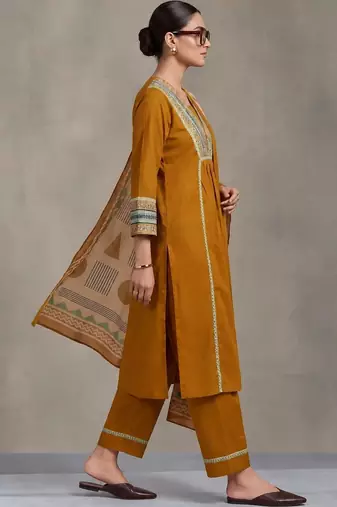 women embroidered empire thread work cotton kurta with trousers & dupatta