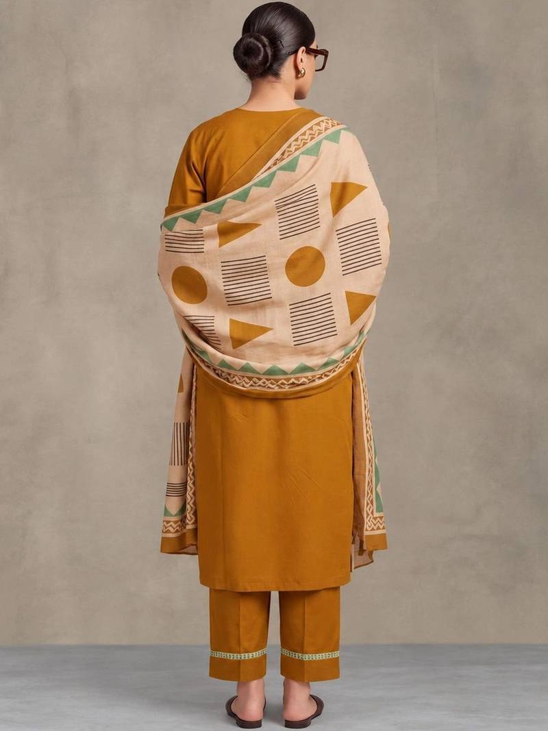 women embroidered empire thread work cotton kurta with trousers & dupatta