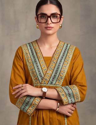 women embroidered empire thread work cotton kurta with trousers & dupatta 5