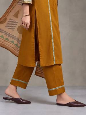 women embroidered empire thread work cotton kurta with trousers & dupatta 6