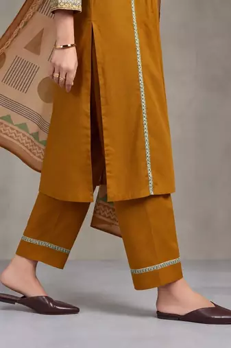 women embroidered empire thread work cotton kurta with trousers & dupatta