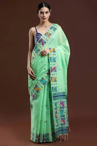 green woven design zari muga saree