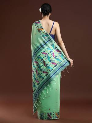 green woven design zari muga saree 4