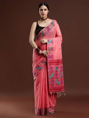 pink woven design muga saree 1