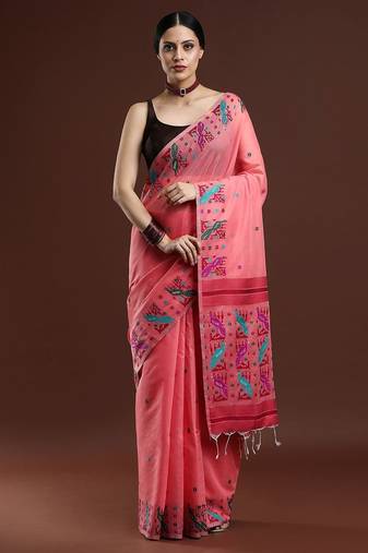 pink woven design muga saree