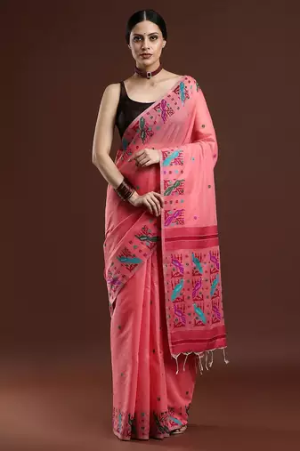 pink woven design muga saree