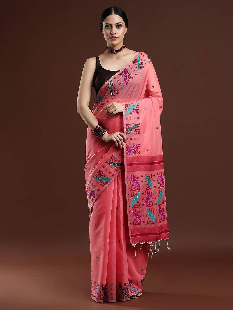 pink woven design muga saree