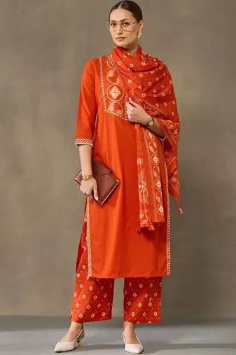 women embroidered regular sequinned cotton kurta with palazzos & with dupatta