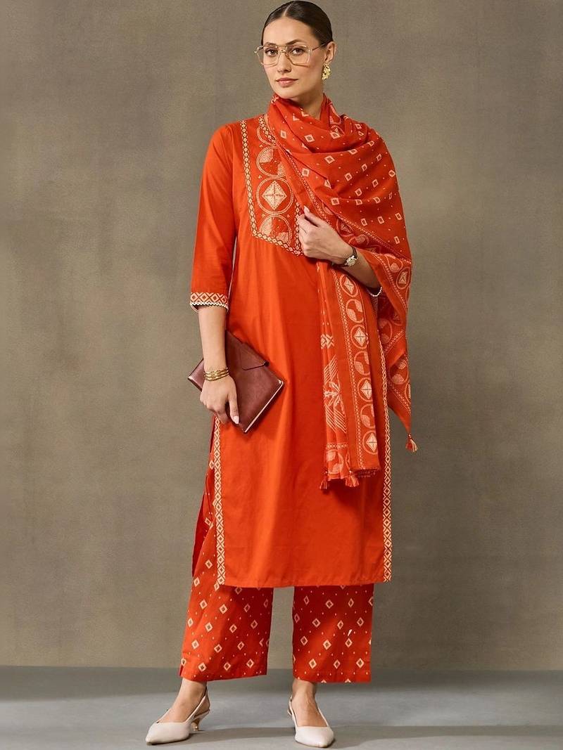 women embroidered regular sequinned cotton kurta with palazzos & with dupatta