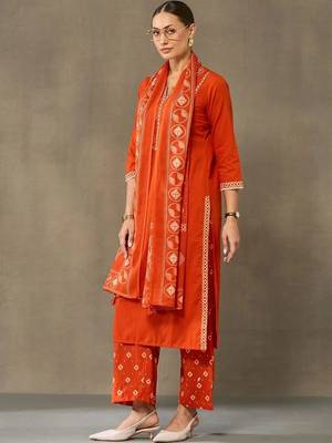 women embroidered regular sequinned cotton kurta with palazzos & with dupatta 2
