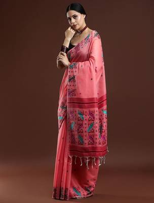 pink woven design muga saree 2