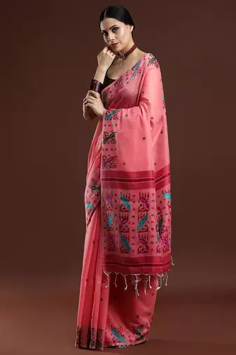 pink woven design muga saree
